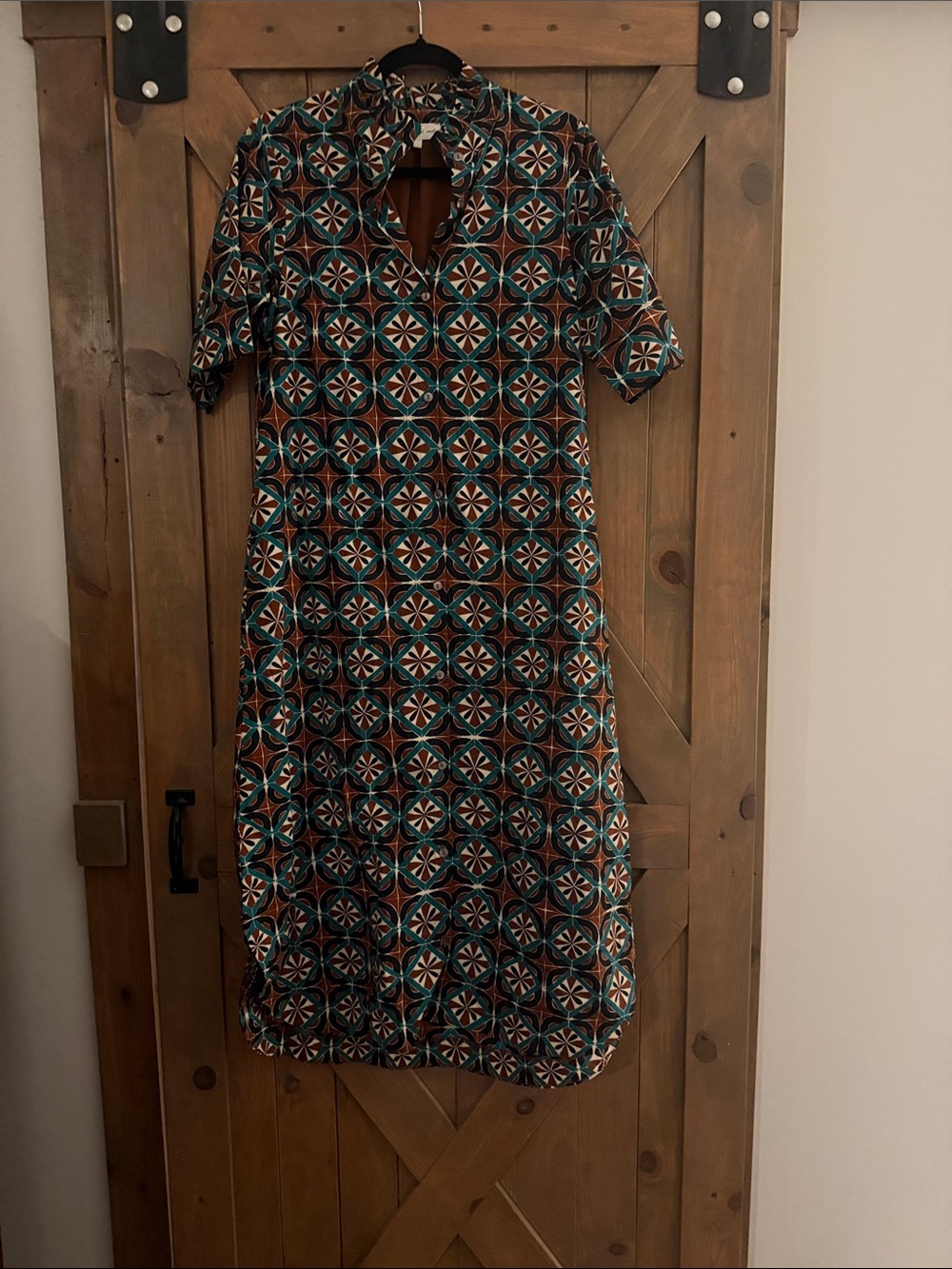 entro Printed Maxi Dress with Geometric Motif in Teal, Brown, Cream, Black